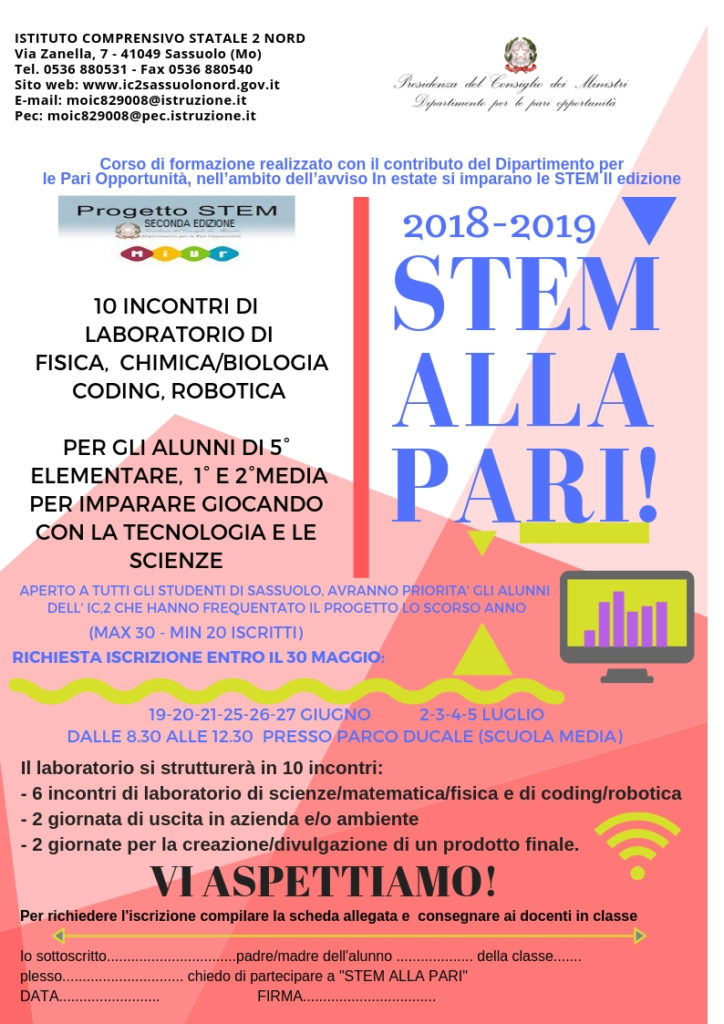 STEM ALLA PARI! - 10 INCONTRI RIVOLTI ALUNNI 5^ PRIMARIA, 1^ E 2^ SEC. I GRADO - GIUGNO - LUGLIO 2019